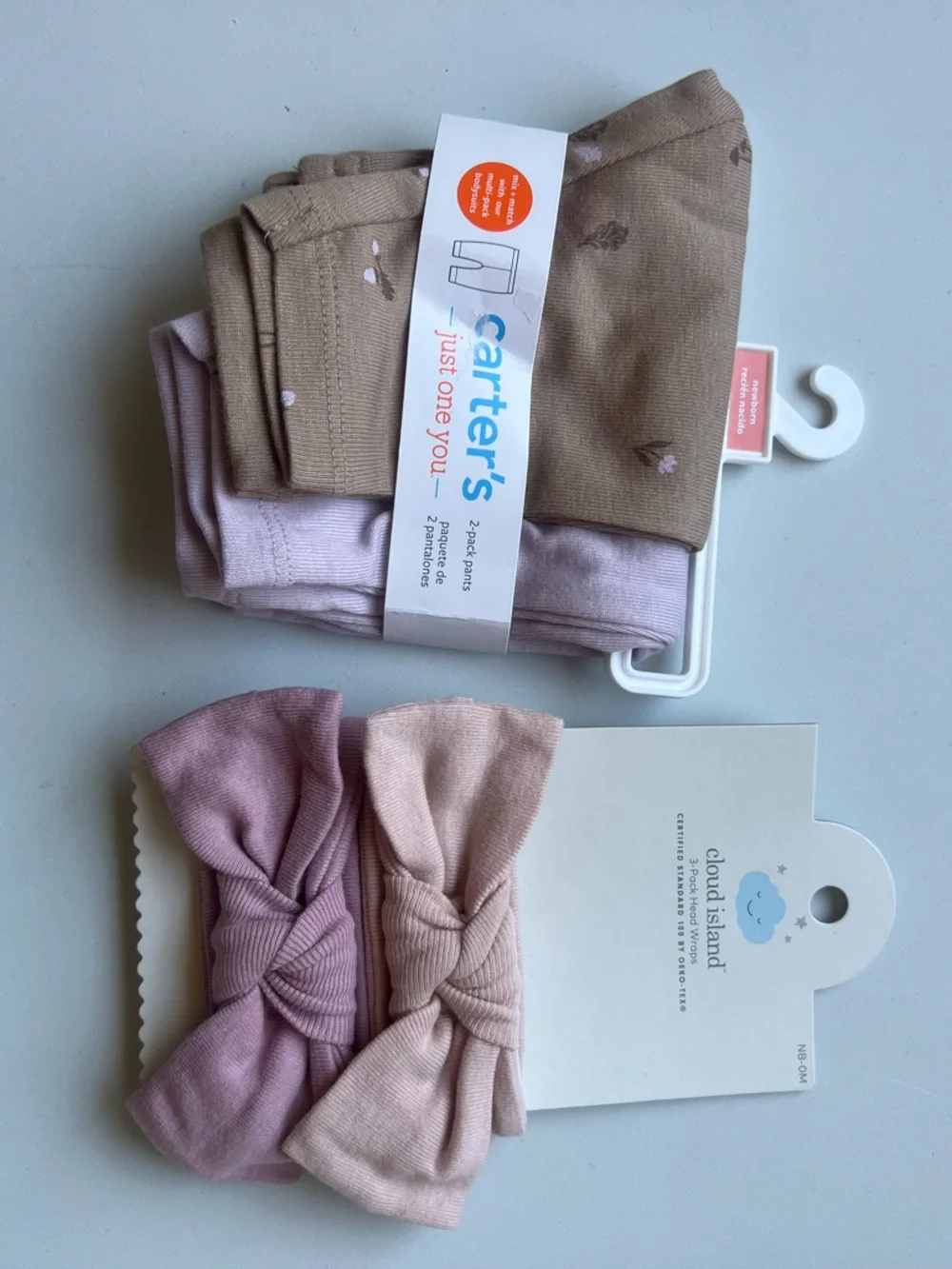 Carter's Girls Neutral & Lavender Pants with Pink and Mauve Bow Headbands